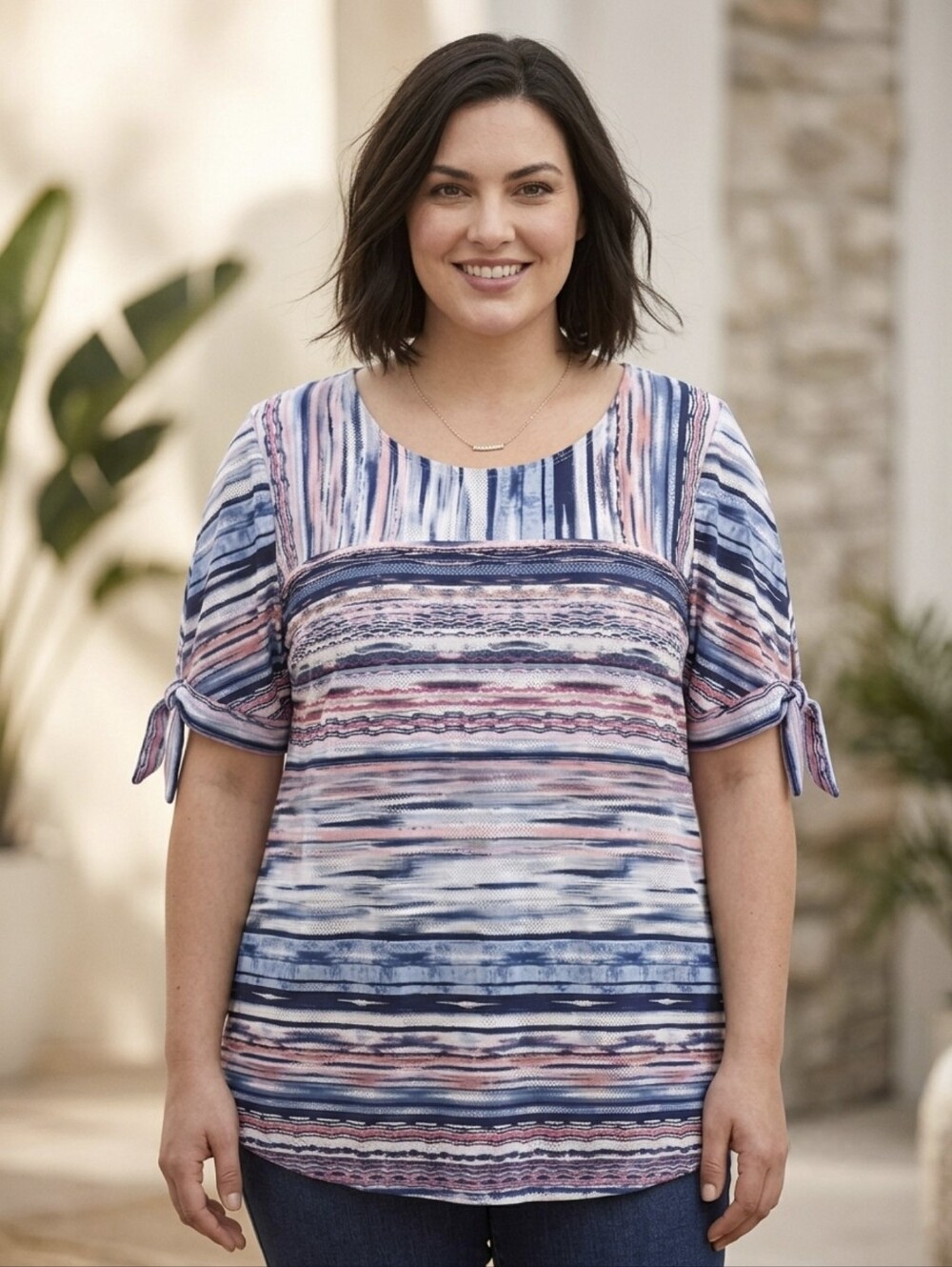 Claire France Boho Coastal Short Sleeves Top, White Blue Pink Stripe, Size 1X